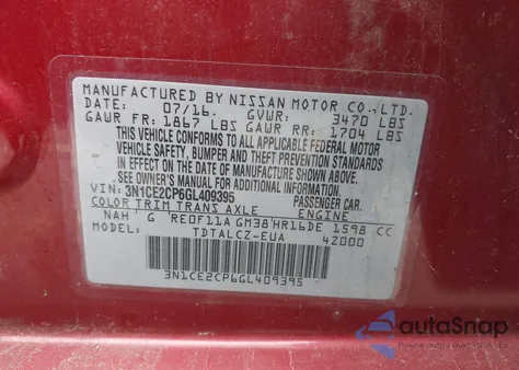 2016 Nissan Versa Note S (Sr)/S Plus/Sl/Sr/Sv from USA, damaged, VIN 3N1CE2CP6GL409395